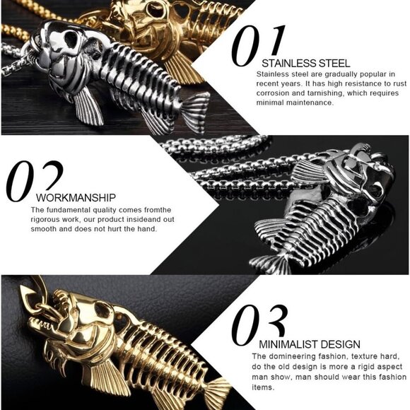 Fish Bone Necklace Unisex Hypoallergenic Stainless Steel Venetian Chain Jewelry - Picture 3 of 7